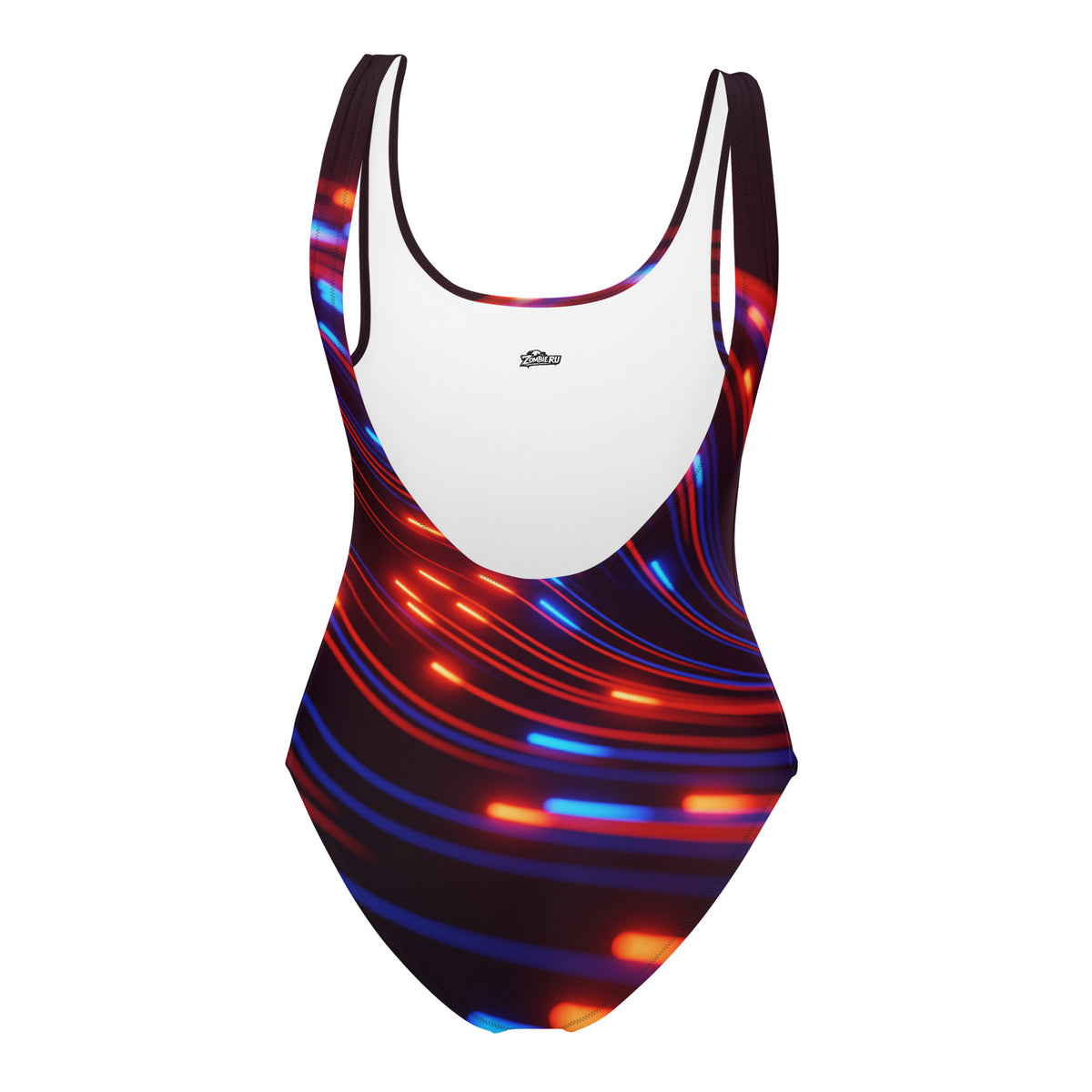 Ropa de playa para mujer con bañador negro y rayas de colores parten trasera