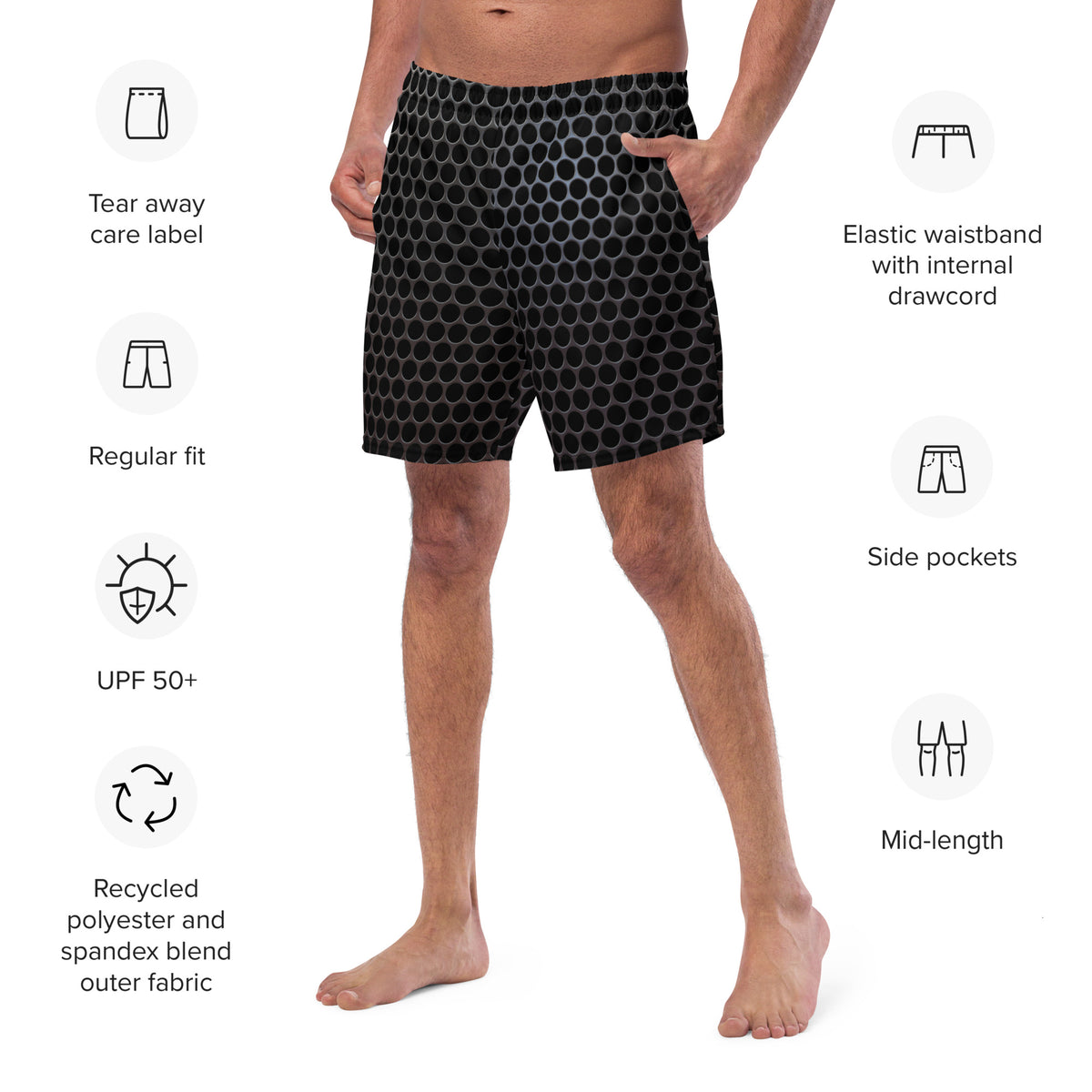 Bañador de círculos grises combinado con ropa casual de verano, si la imagen lo muestra.