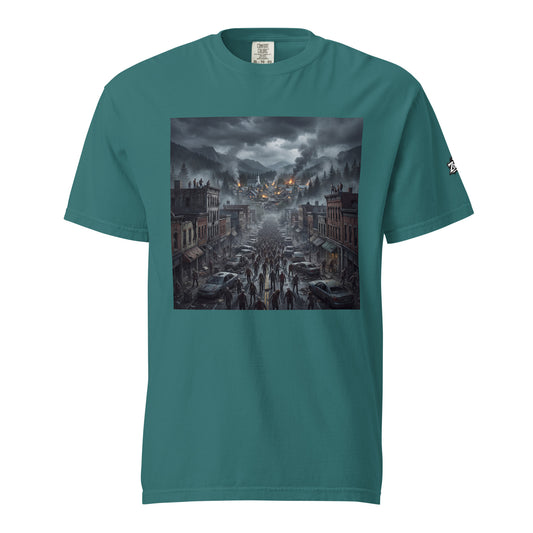Camiseta con ciudad destruida y zombies