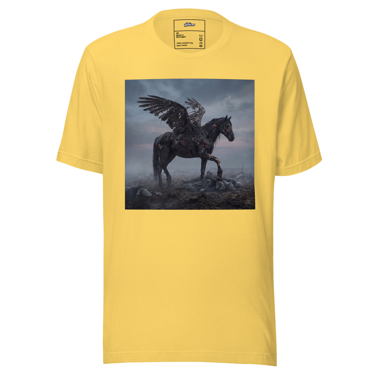 Pegaso zombie con diseño de horror en camiseta