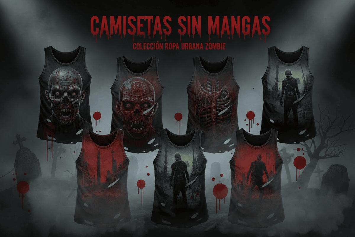 Camisetas sin mangas ZombieRU con diseños de zombies, calaveras y estilo de horror.