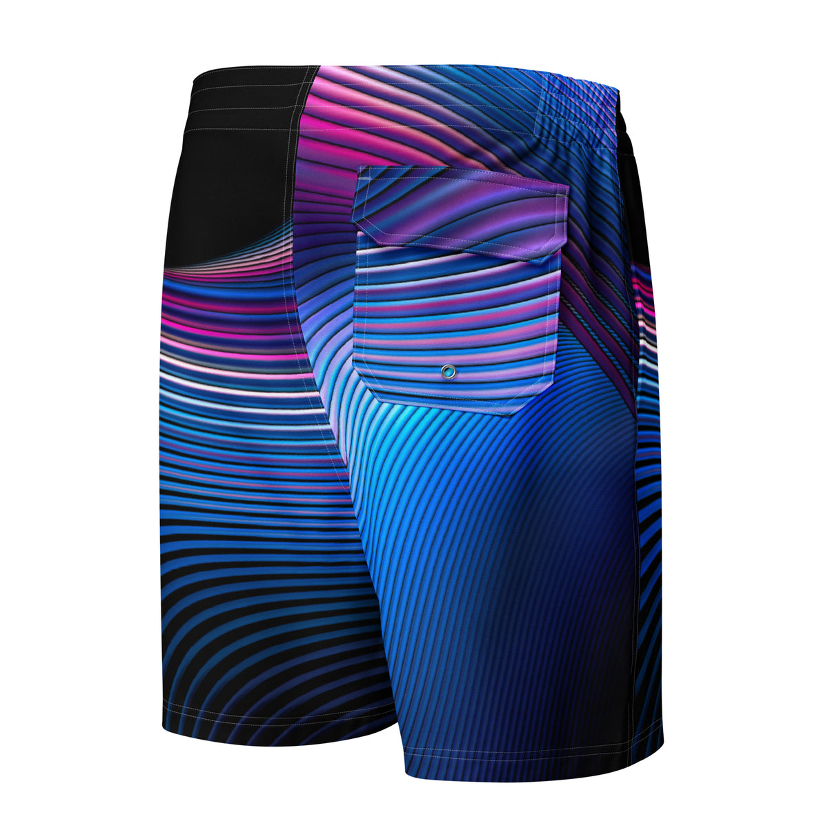 vista trasera del bañador masculino con rayas azules y rojas.