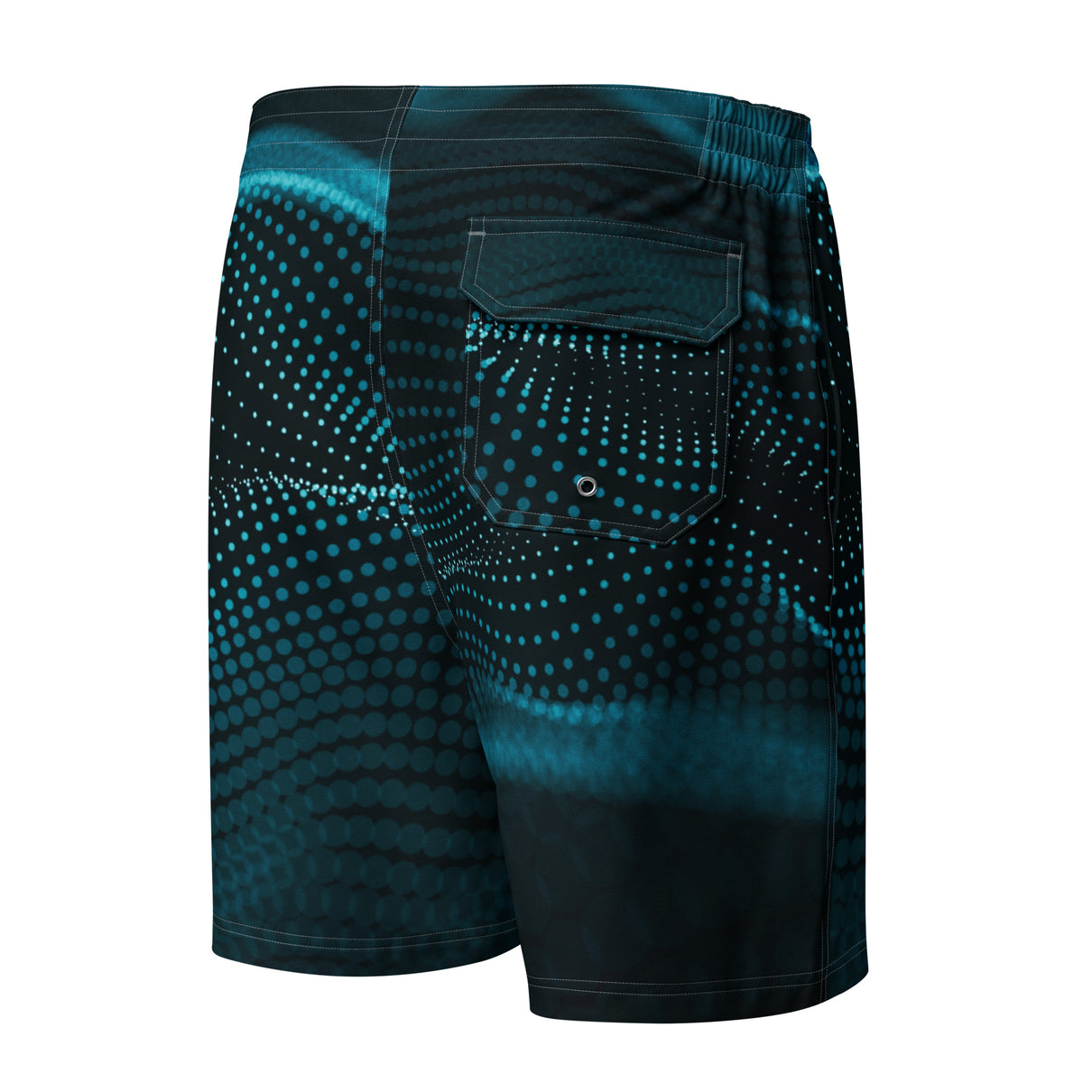 Vista trasera del traje de baño negro y azul para hombre.