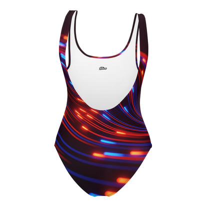 Ropa de playa para mujer con bañador negro y rayas de colores parten trasera 