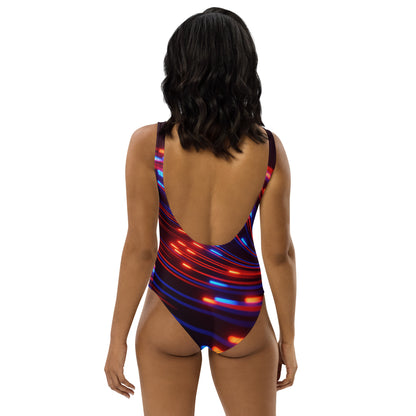 vista trasera del bañador para mujer con detalles rojos y azules de ZombieRU.