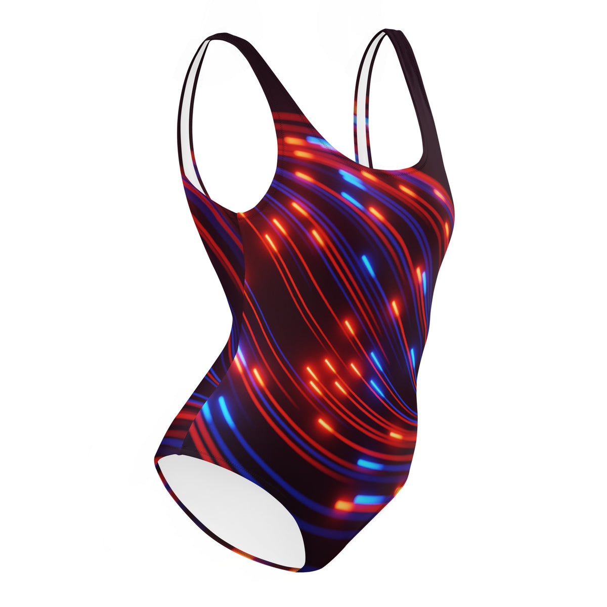 Bañador negro con rayas rojas y azules para la piscina.