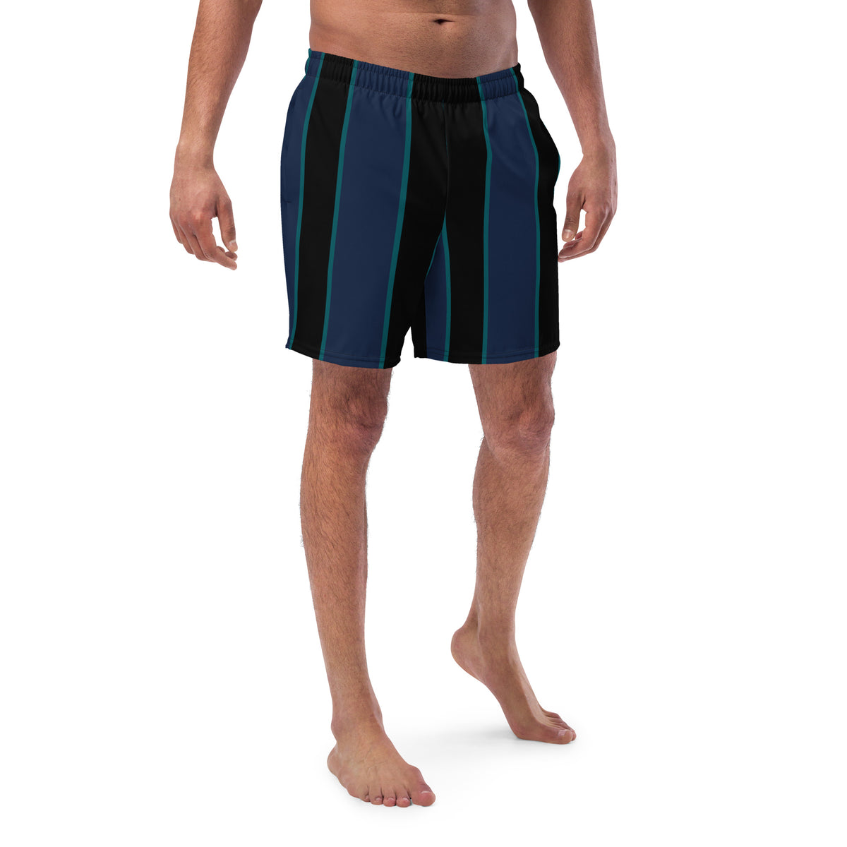 Ropa de playa para hombre con bañador azul y negro.