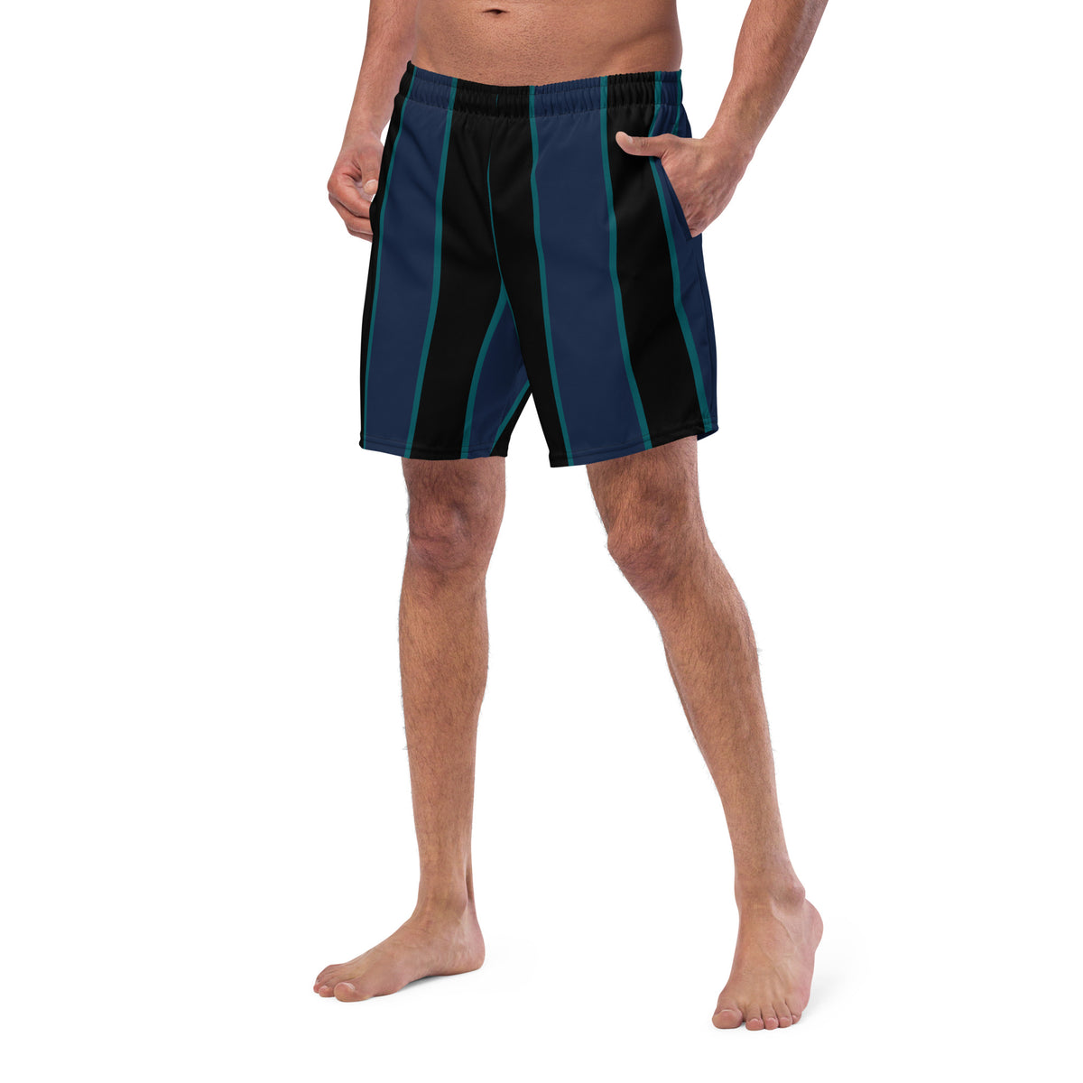 Traje de baño azul y negro para vacaciones de verano.