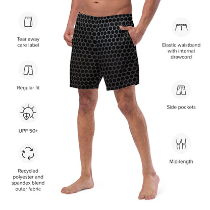 Bañador de círculos grises combinado con ropa casual de verano, si la imagen lo muestra.