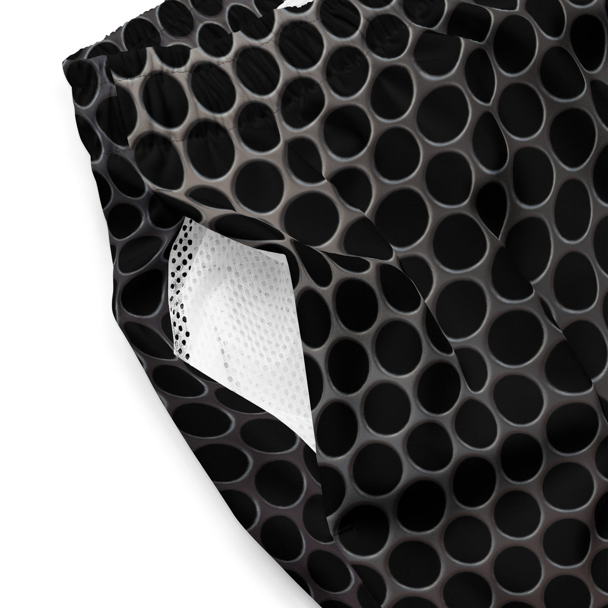bolsillo del bañador masculino estampado presentado en una fotografía de producto.