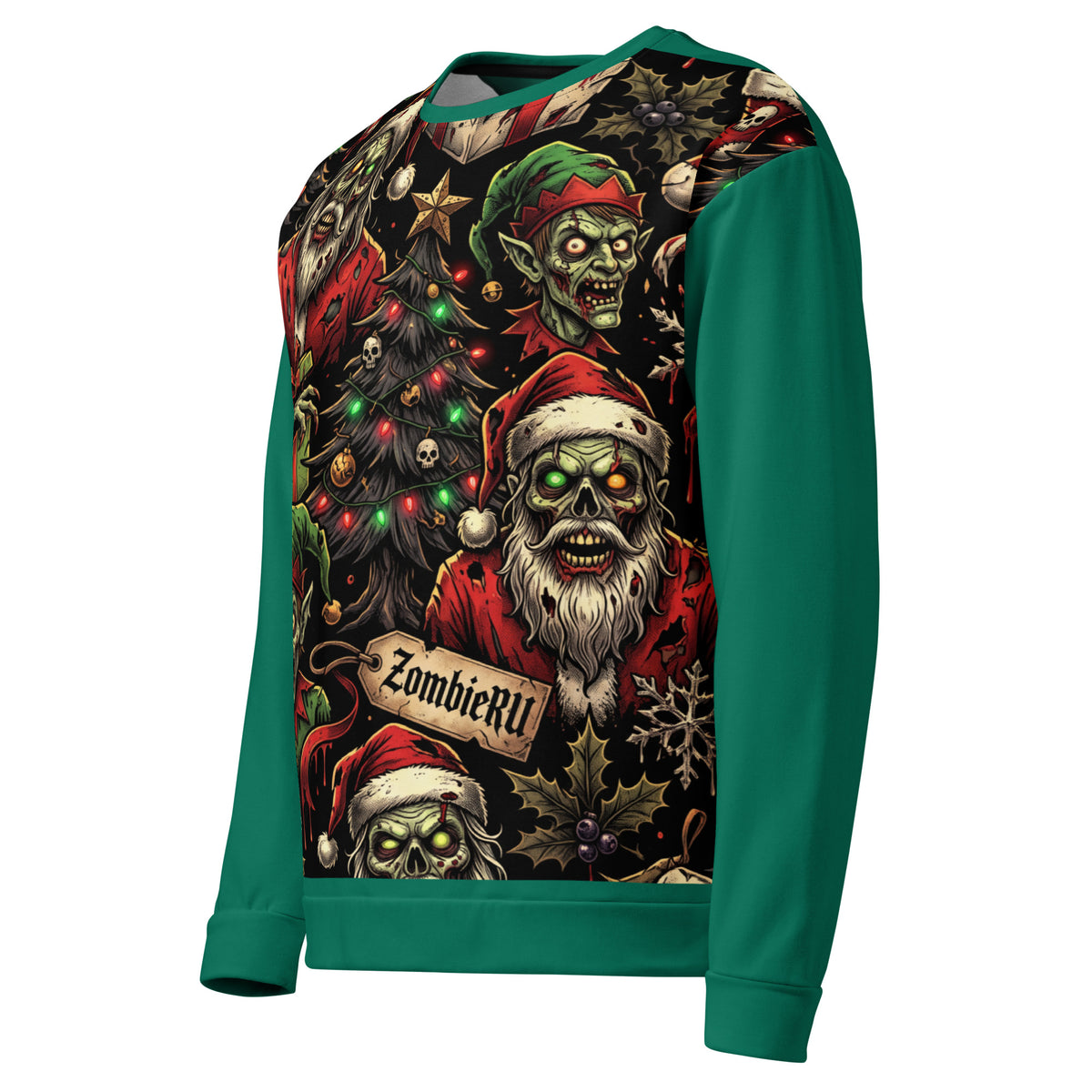 Diseño de sudadera navideña para amantes de los zombies.