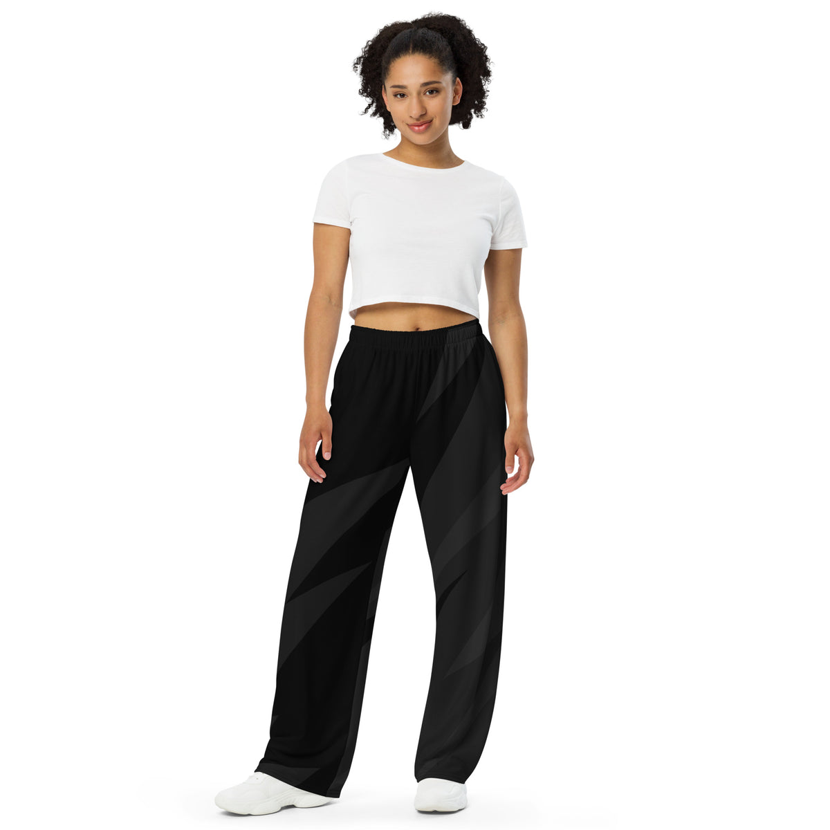 Vista frontal del pantalón ancho unisex negro y gris