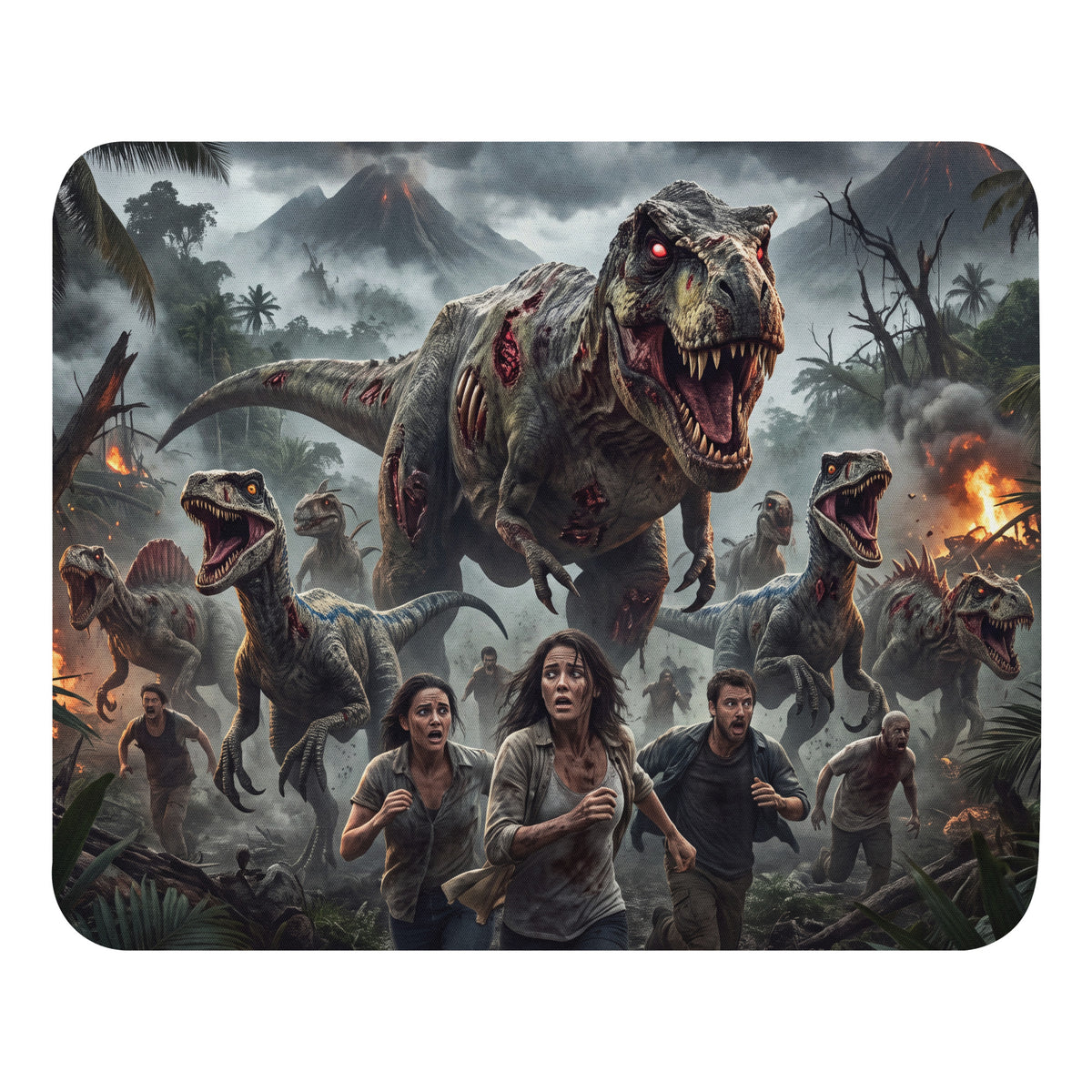 Mouse Pad de dinosaurios zombies persiguiendo humanos
