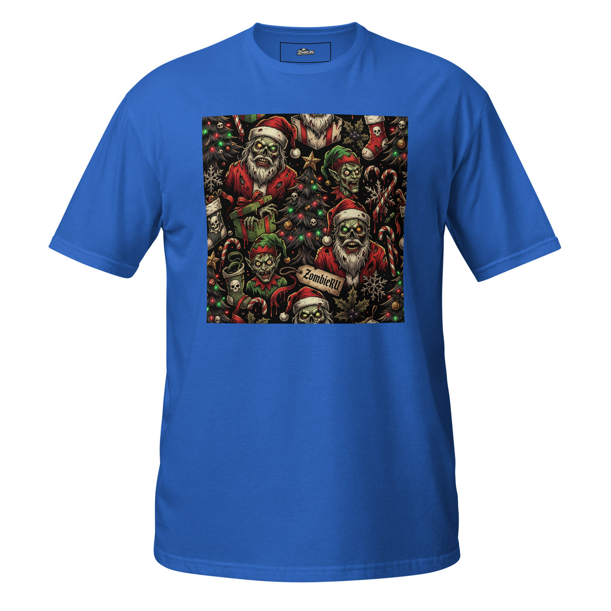 Detalle del diseño zombie navideño en camiseta.