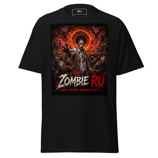 Diseño de Líder Zombie en camiseta negra  apocaliptica ZombieRU