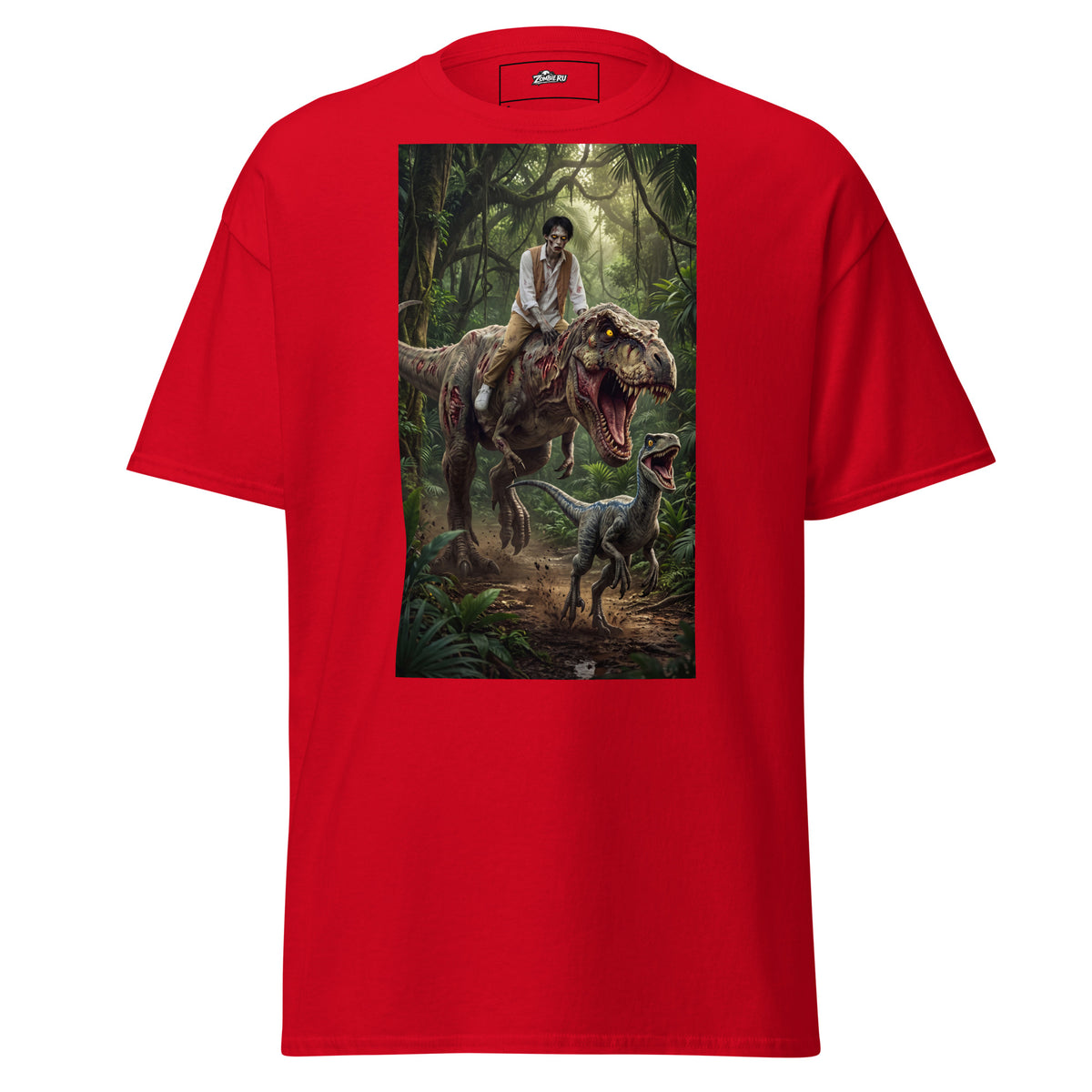 Camiseta con ZombieRU montado sobre un T-Rex zombie