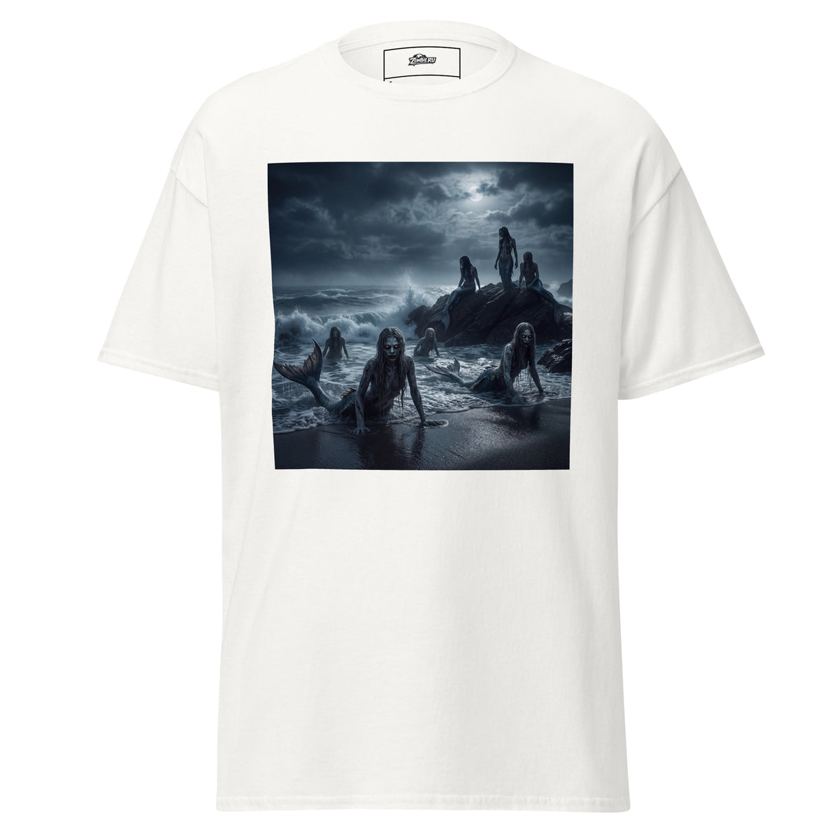 camiseta fantasía oscura de sirenas zombies en la playa
