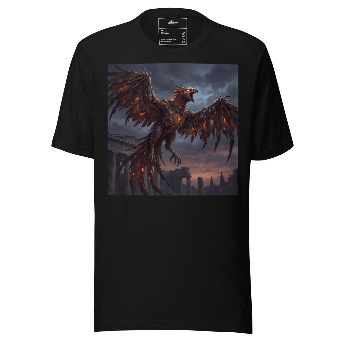 Camiseta con diseño de ave fénix zombie