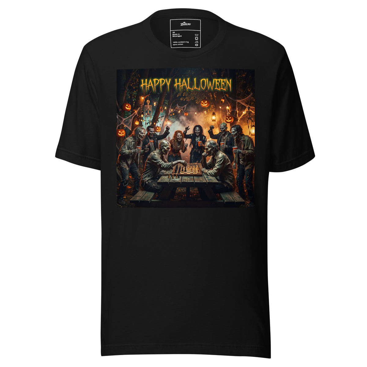 Camiseta unisex con zombies y tablero de ajedrez