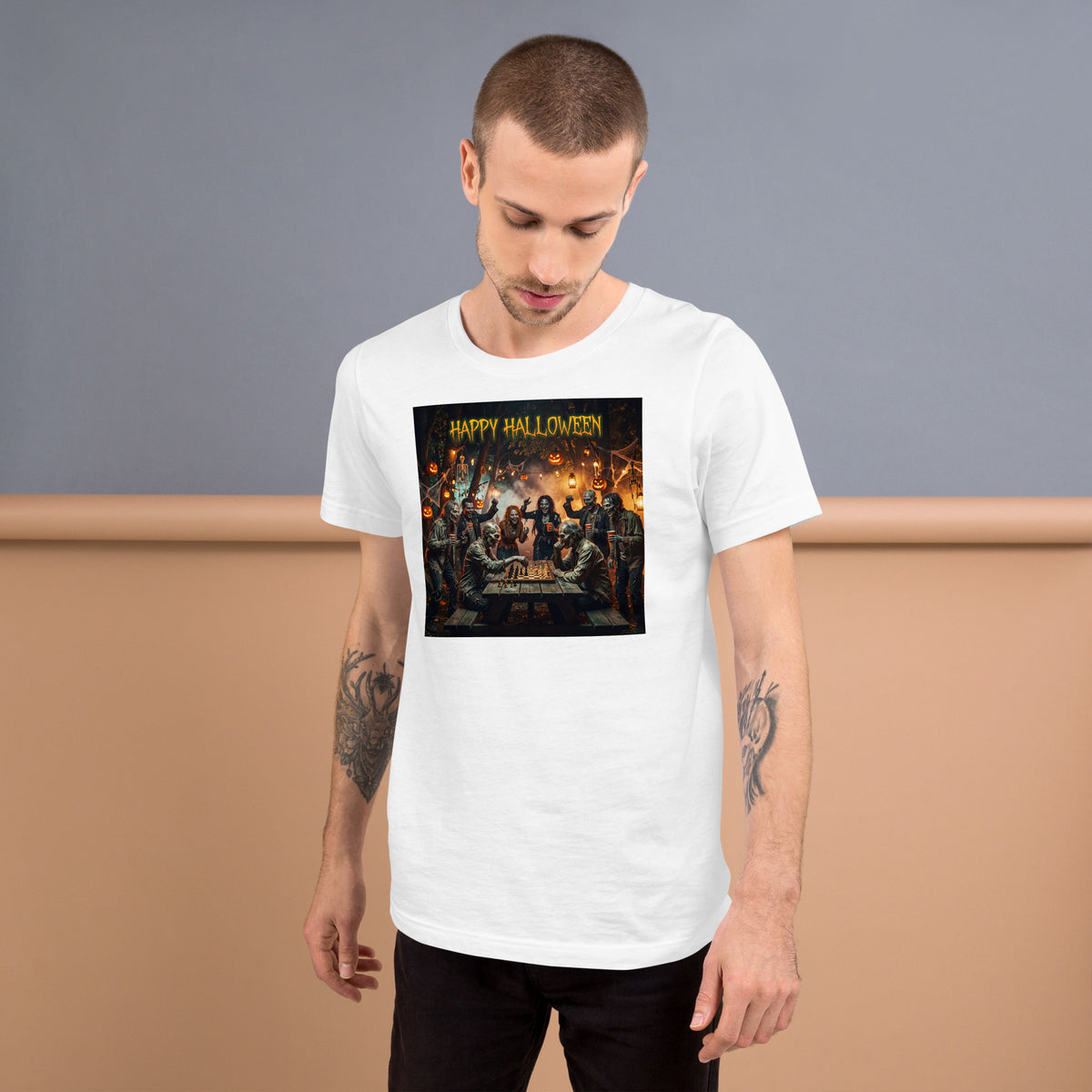 Zombies celebrando Halloween en camiseta